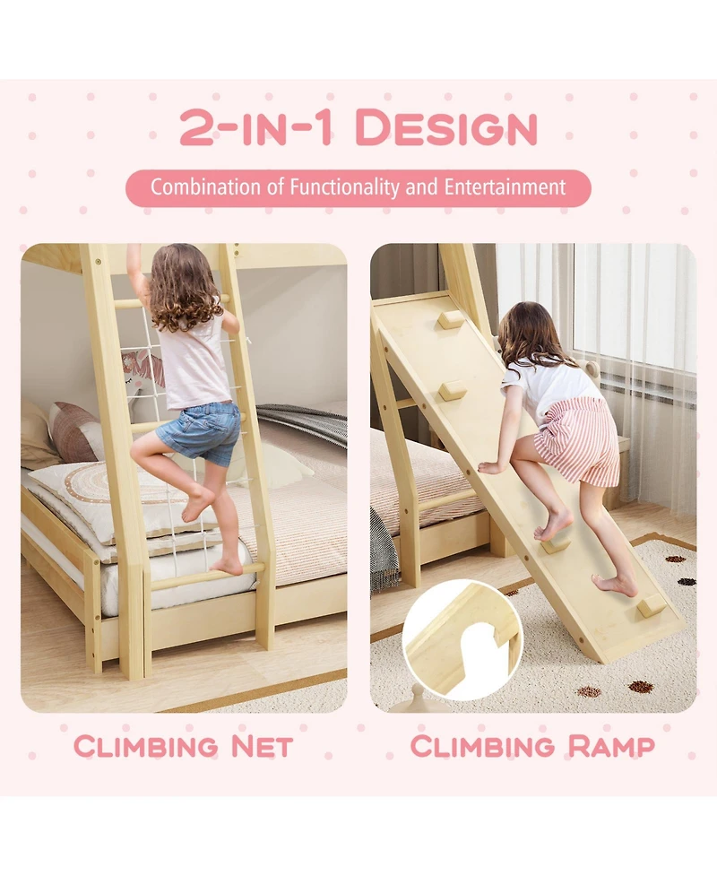 Wooden Bunk Bed for Kids with Climbing Nets and Ramp for Fun and Functional Bedroom Setup