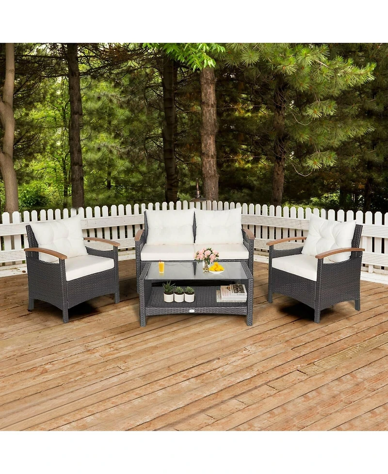 4 Pieces Patio Rattan Furniture Set with Cushioned Sofa and Storage Table