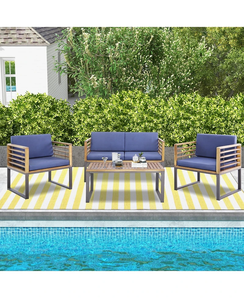 4 Piece Patio Acacia Wood Conversation Set with Soft Seat