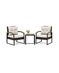 3 Piece Patio Conversation Set with Solid Acacia Wood Armrests and Tabletop