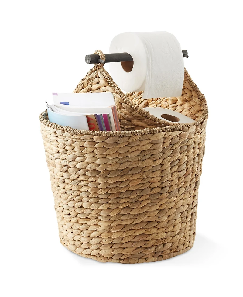 Casafield Toilet Paper Magazine Storage Basket with Roll Holder, Natural - Woven Water Hyacinth Wicker Bathroom Storage Bin