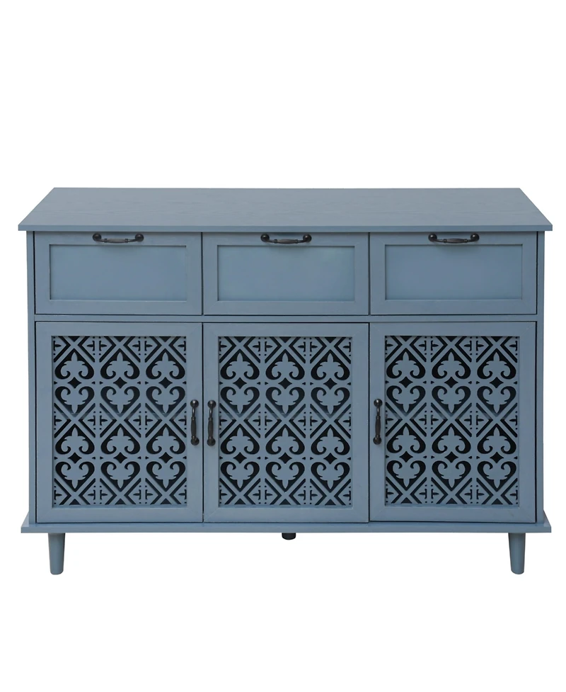 Vintage Storage Cabinet with Drawers and Hollow Doors Sideboard Buffet Cabinet Accent Cabinet for Living Room, Blue
