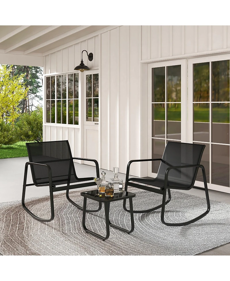 Gymax 3 Piece Rocking Bistro Set Patio Furniture Set w/ 2 Rocking Chairs & Glass-Top Coffee Table