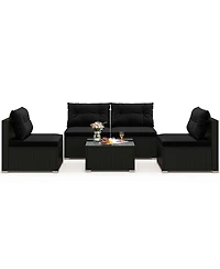 Gymax 5 Pcs Patio Furniture Set w/ Seat & Back Cushions Tempered Glass Tabletop