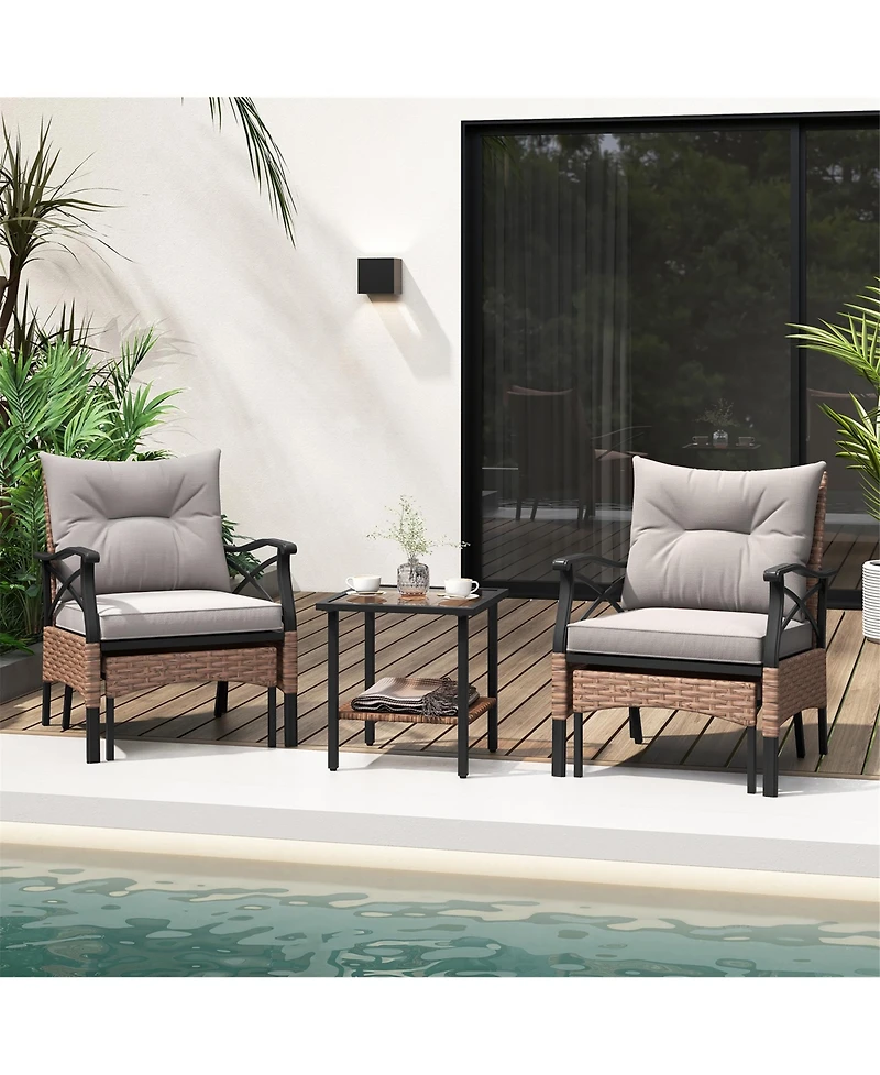 Gymax 5PCS Wicker Patio Furniture Set Rattan Chairs w/ 2-Tier Tempered Glass Side Table