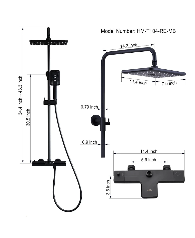 Thermostatic rain shower faucet Exposed Wall Mount Handheld Shower Set, Matte Black