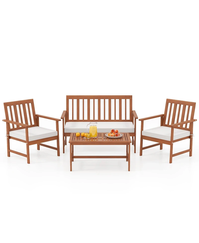 4 Pieces Acacia Wood Furniture Set with Seat Cushions and Robust Wood Frame-White