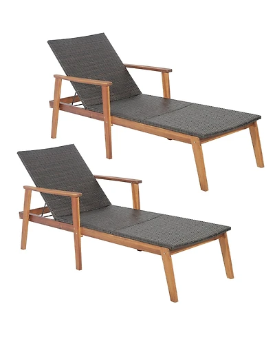 2PCS Patio Rattan Chaise Lounge Chair Recliner Back Adjustable Acacia Wood