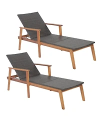 2PCS Patio Rattan Chaise Lounge Chair Recliner Back Adjustable Acacia Wood