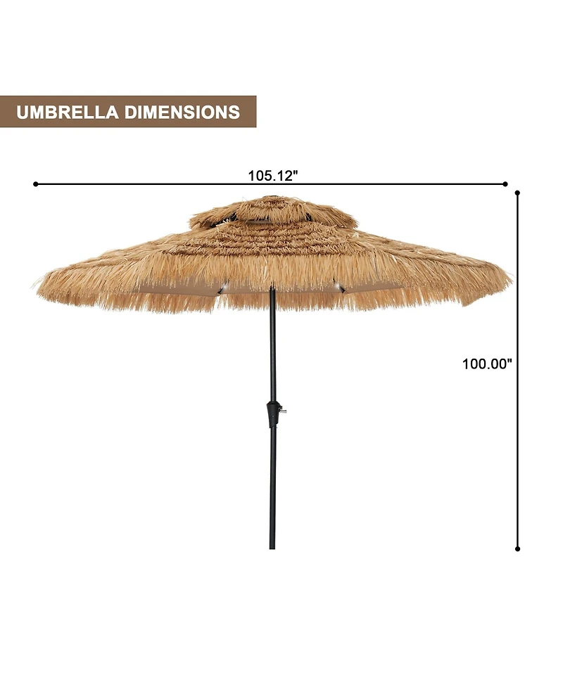 ft. Outdoor Double Layer Hawaiian Style Market Umbrella in Brown with Base and 32-Light Beads