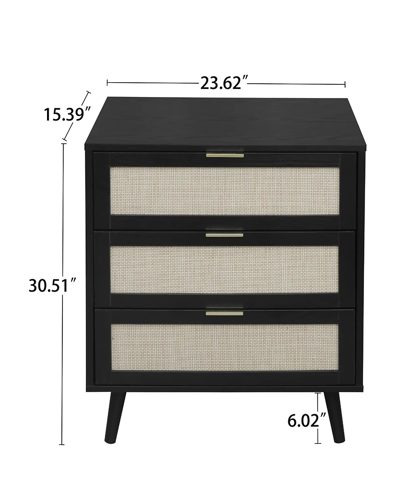 3 Drawer Storage Cabinet Rattan Dressers Chest of Drawers Entryway Cabinet Fluted Nightstand Bedside Table Dresser for Bedroom Living Room, Black