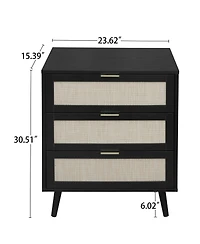 3 Drawer Storage Cabinet Rattan Dressers Chest of Drawers Entryway Cabinet Fluted Nightstand Bedside Table Dresser for Bedroom Living Room, Black
