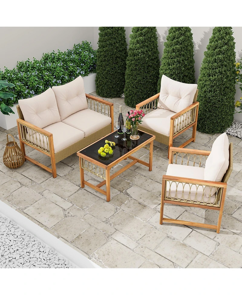 4 Pieces Outdoor Patio Pe Wicker Conversation Bistro Set with Acacia Wood Frame