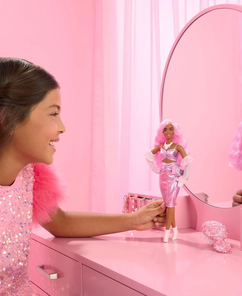 Barbie Deluxe Style Doll 1 in Glossy Pink Barbiecore Dress with Velvet Gloves, Pink Hair