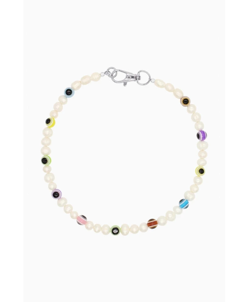 Natural Pearl Necklace With Multicolor Eye Ceramic Beads 16″