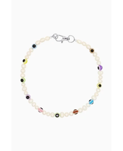 Natural Pearl Necklace With Multicolor Eye Ceramic Beads 16″