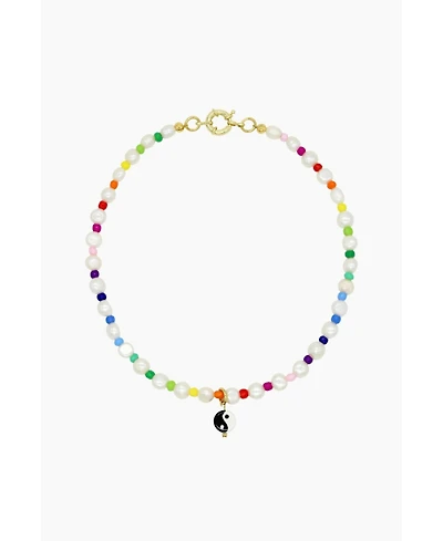 Pearl Necklace With Ceramic Yin Yang Charm 15.5″