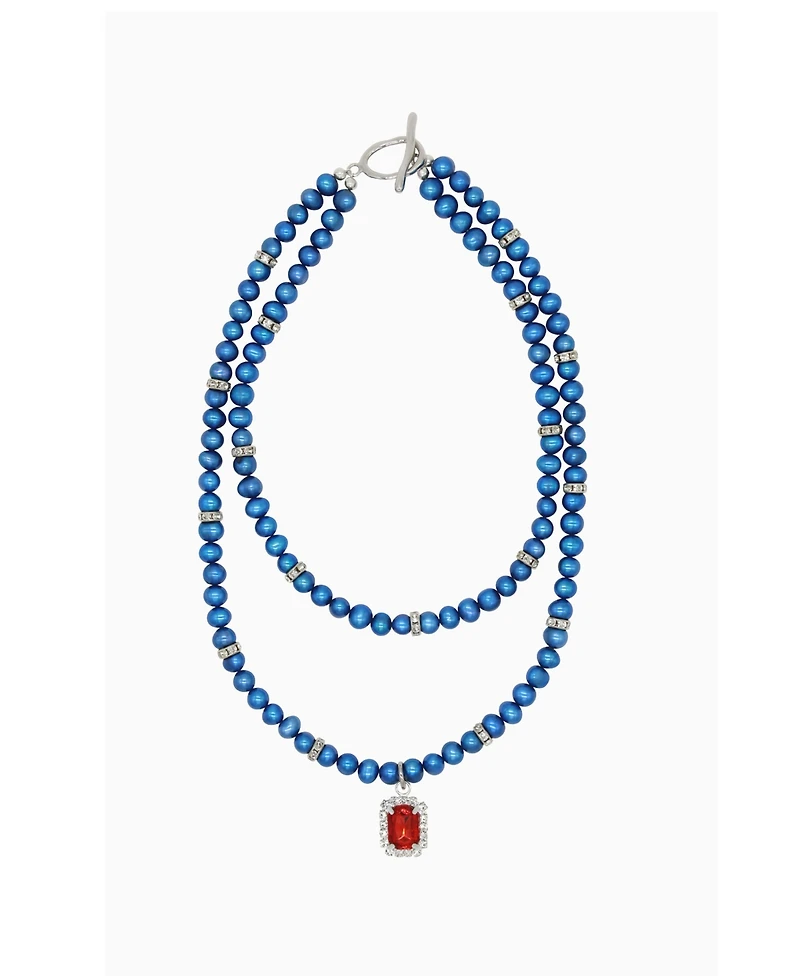 Freshwater Blue Pearl Double Necklace With Red Rectangle Charm