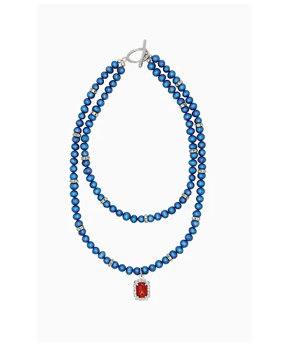 Freshwater Blue Pearl Double Necklace With Red Rectangle Charm