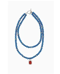 Freshwater Blue Pearl Double Necklace With Red Rectangle Charm