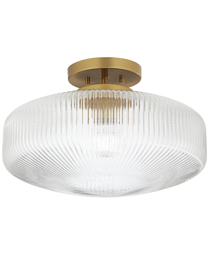 Possini Euro Design Brianna 16" Modern Semi Flush-Mount Ceiling Light Fixture Kitchen Foyer Round Warm Brass Finish Ribbed Glass