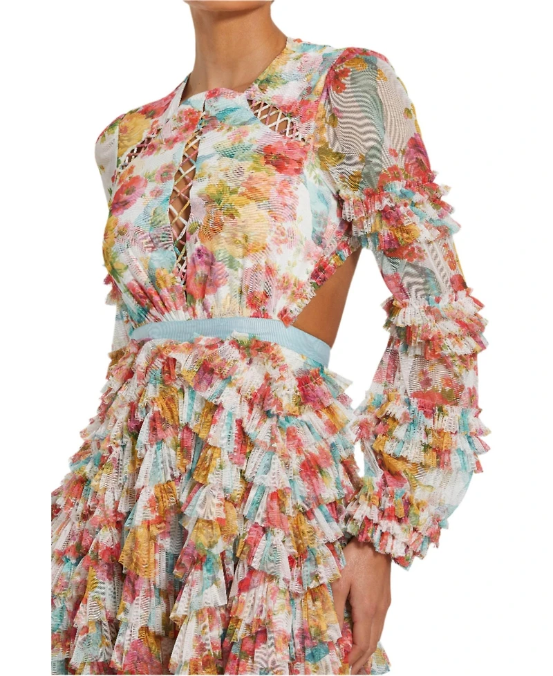 Mac Duggal Women's Long Sleeve Tiered Ruffle Cutout Criss Cross Dress