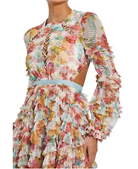 Mac Duggal Women's Long Sleeve Tiered Ruffle Cutout Criss Cross Dress