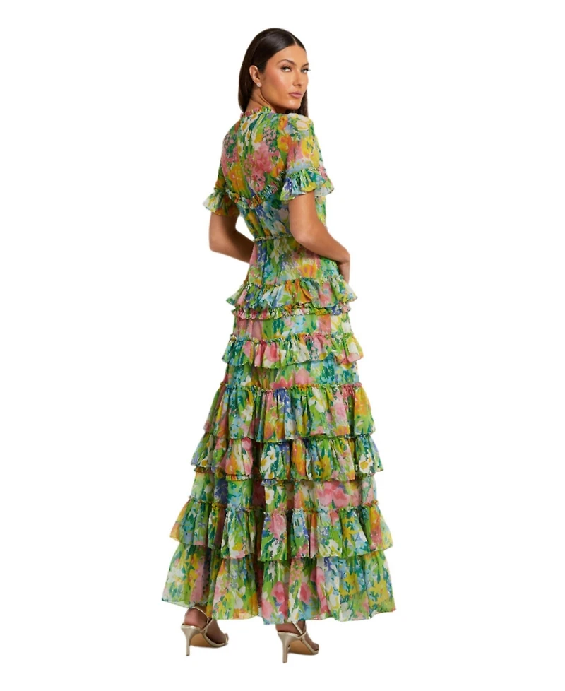 Mac Duggal Women's Floral Printed Chiffon Tiered Ruffle Gown