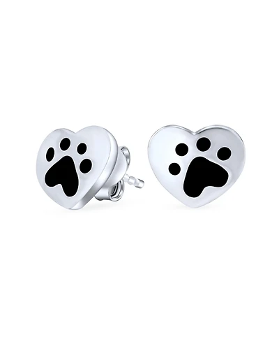 Bling Jewelry Black Enamel Heart Paw Print Stud Earrings Pet Lovers in Sterling Silver