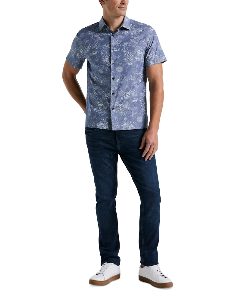 Perry Ellis Men's Chambray Floral Print Short Sleeve Button-Front Shirt