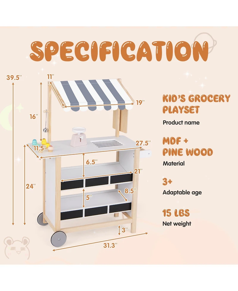 Ice Cream Cart with Chalkboard & Storage Pretend Play Toy for Kids 3+ Years Old