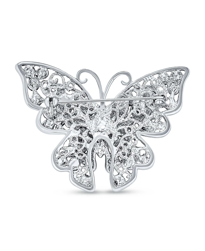 Bling Jewelry Large Crystal Filigree Butterfly Brooch Pin Fashion Statement Silver Plated Brass