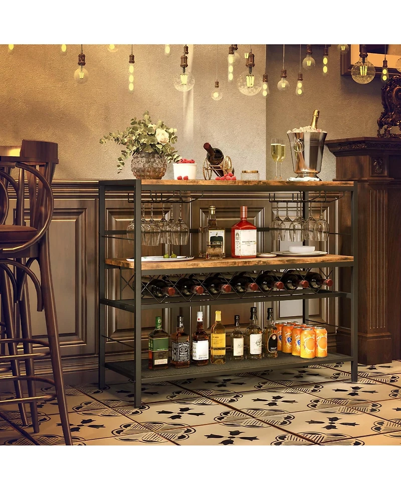 41" Wine Rack with 4 Glass Holders Wide Countertop Middle & Bottom Storage Shelves