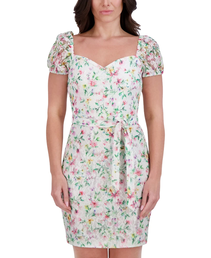 kensie Women's Floral-Print Lace Sweetheart Dress