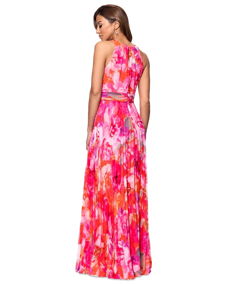 Xscape Women's Printed Pleated Sleeveless Halter-Neck Gown
