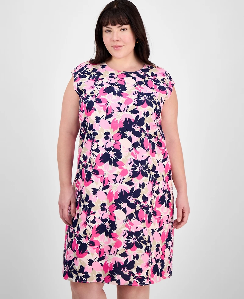Jones New York Plus Size Floral-Print Linen-Blend Swing Dress
