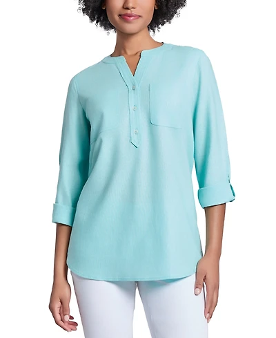 Jones New York Petite Split-Neck Roll-Tab-Sleeve Top