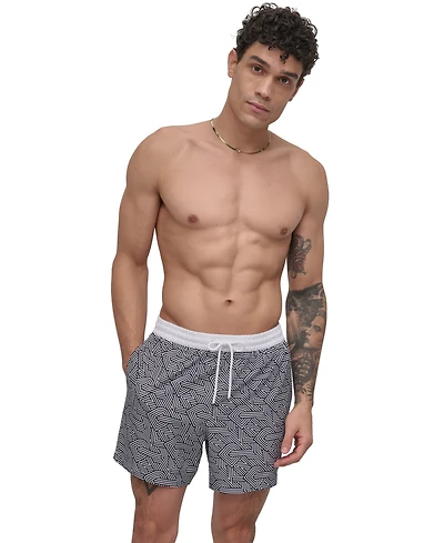 Dkny Men's Euro Black & White Bandana Print Performance 5" Volley Shorts