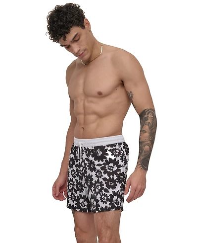 Dkny Men's Euro Black & White Bandana Print Performance 5" Volley Shorts