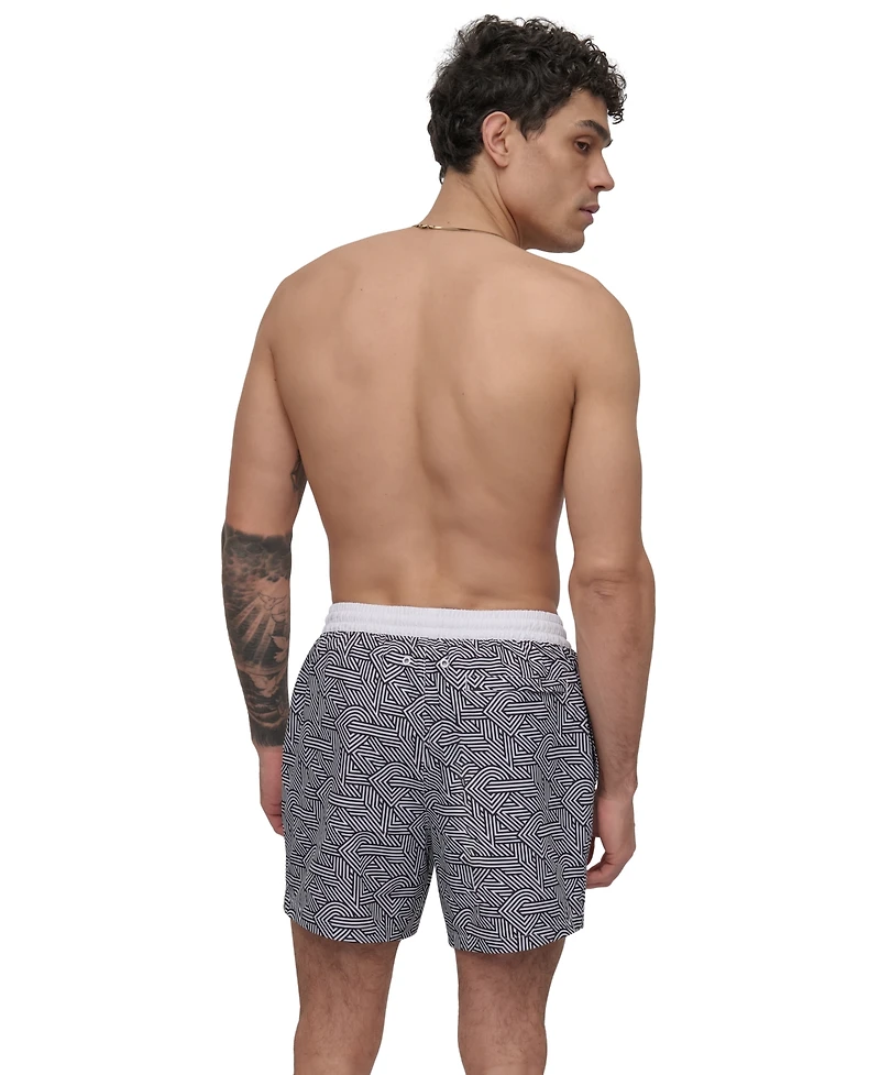 Dkny Men's Euro Black & White Bandana Print Performance 5" Volley Shorts