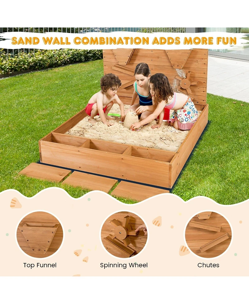 Kids Wooden Square Sandbox with Cover Outdoor Play Area for Sand Play and Protection