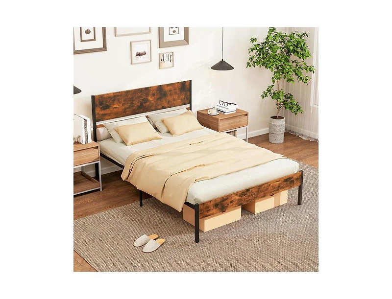 Metal Bed Frame with Wooden Headboard and Footboard
