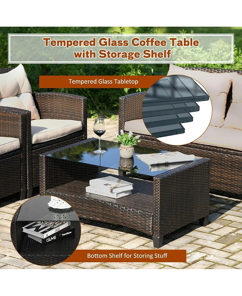 4 Pieces Outdoor Rattan Furniture Set with Glass Table