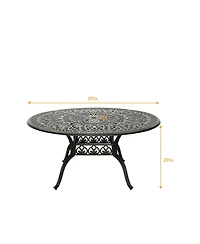59 Inches Outdoor Dining Table Cast Aluminium Round Table Patio Dining Table with Umbrella Hole All Weather Outdoor Bistro Table for Backyard Garden P