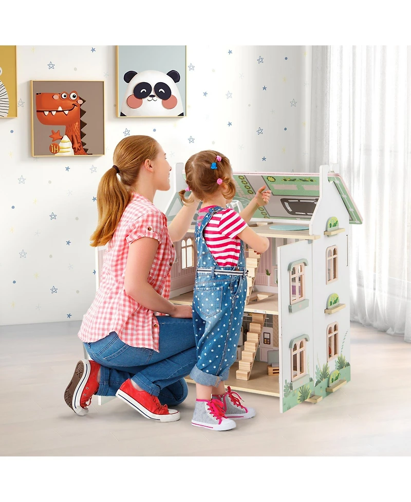 Kids 3-Level Dollhouse with Double-Sided Roofs & Doors Interactive Playset for Kids