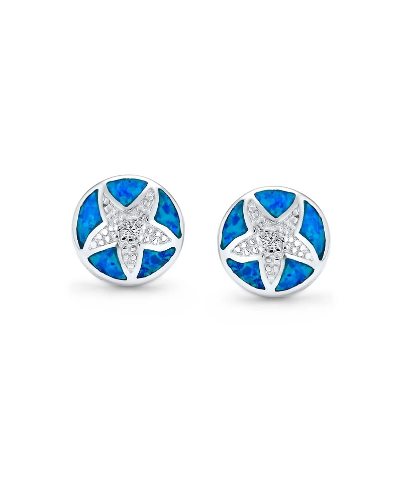 Bling Jewelry Nautical Starfish Stud Earrings with Blue Opal Inlay in Sterling Silver