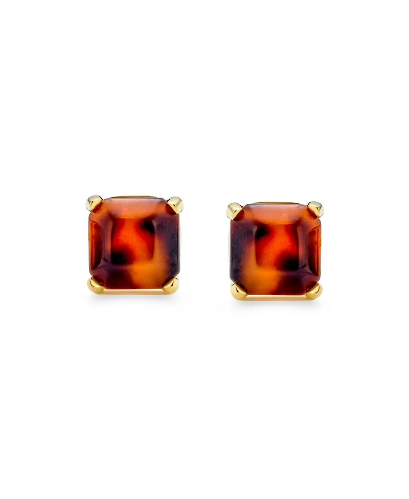 Bling Jewelry Brown Cushion Square Acrylic Tortoise Shell Stud Earrings 8MM Gold Plated Stainless Steel