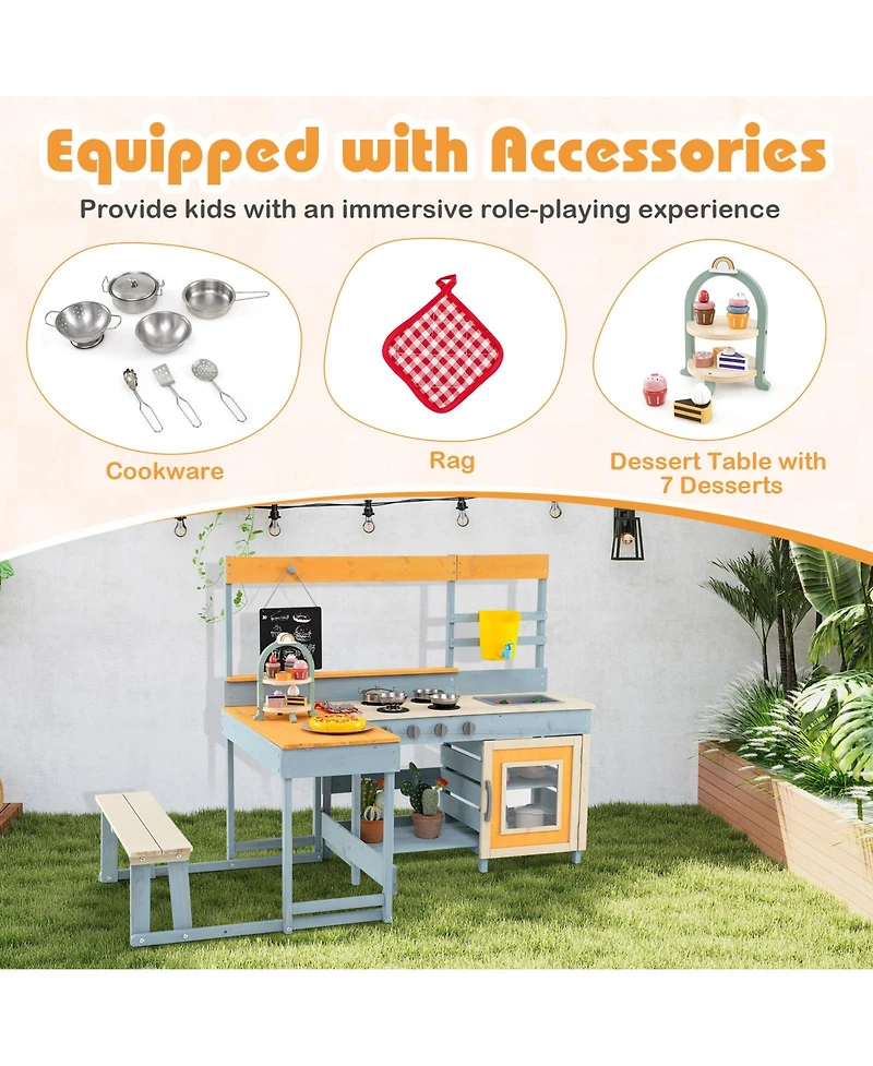 Fir Wood Play Kitchen with Kids Picnic Table and Built-in Bench