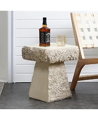 LuxenHome Rock Square Outdoor Side Table, 18 Inch Cement Side Table for Patio, Small Concrete Accent End Table for Living Room, Balcony, Vintage Outsi