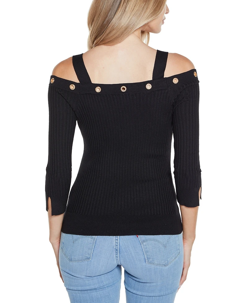 Belldini Women's Rhinestone Grommet Cold-Shoulder Sweater